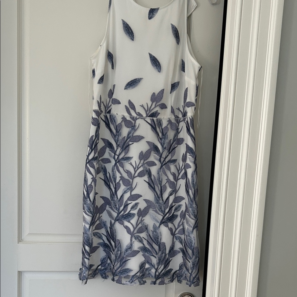Adrianna Papell White and Blue Leaf Pattern Midi Dress